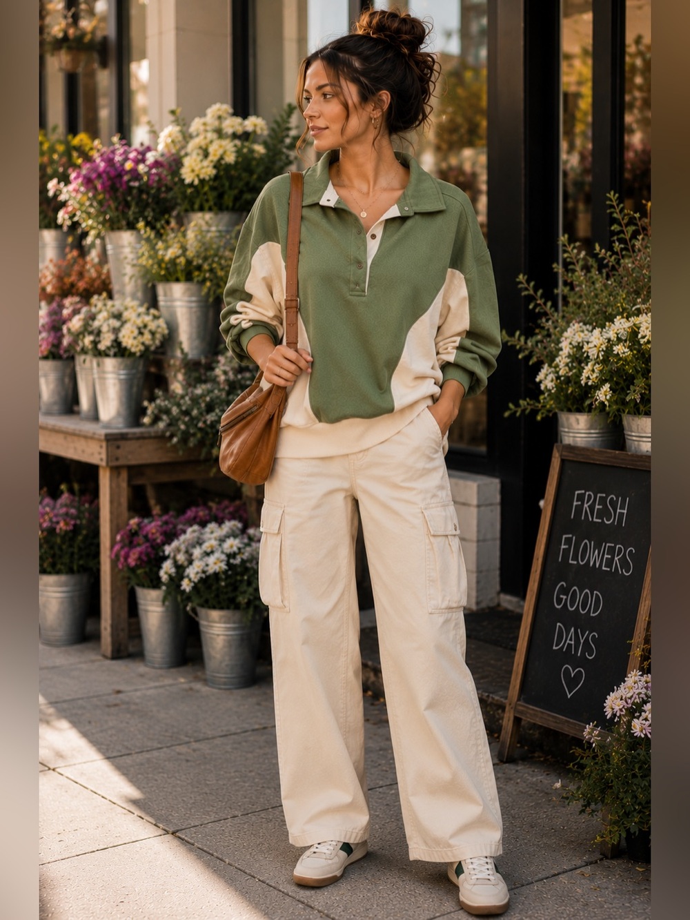 Pilcro Nikki Bubble Sweatshirt Anthropologie Green Cream Colorblock Women’s M
